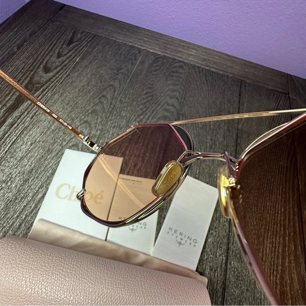 NWT Chloe | Demi Gold Brown “2-in-1” Round Oversized Sunglasses $505 57-20-145
